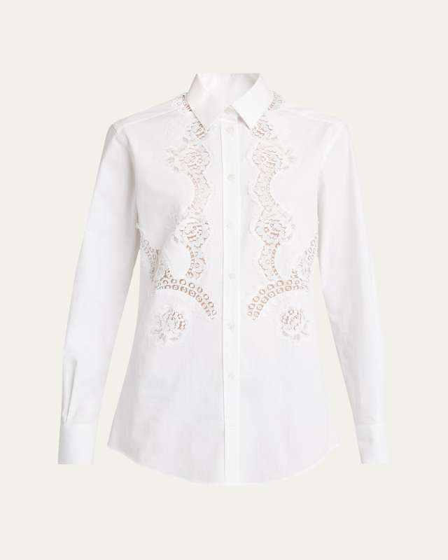 Lace Inset Poplin Button Down Blouse